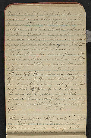 [page 74r V.1] with alcohol. Bathed back and combed hair for all who were unable to do so themselves. Washed Grandfather's back with alco...